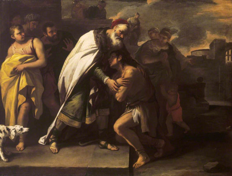 Liknelsen om den förlorade sonen: välkomnad hem av sin far - Luca Giordano