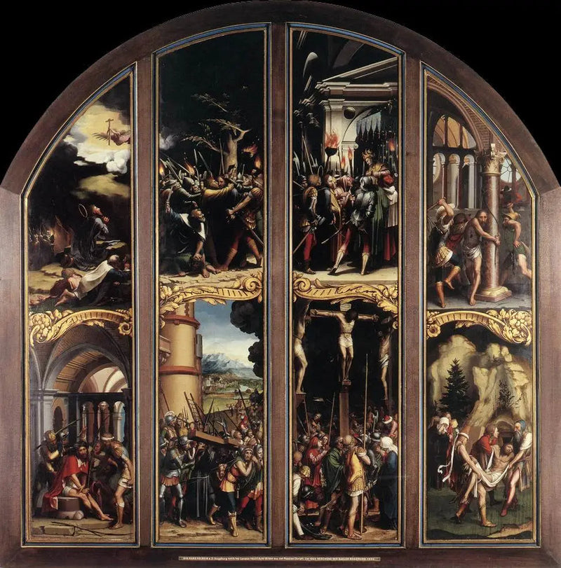 Kristi passion: I olivträdgården, Kristi arrestering, Kristus inför Kajafas, Flagellationen, Korsets kröning, Bärandet av korset, Korsfästelsen, Bärandet till graven - Hans Holbein den yngre