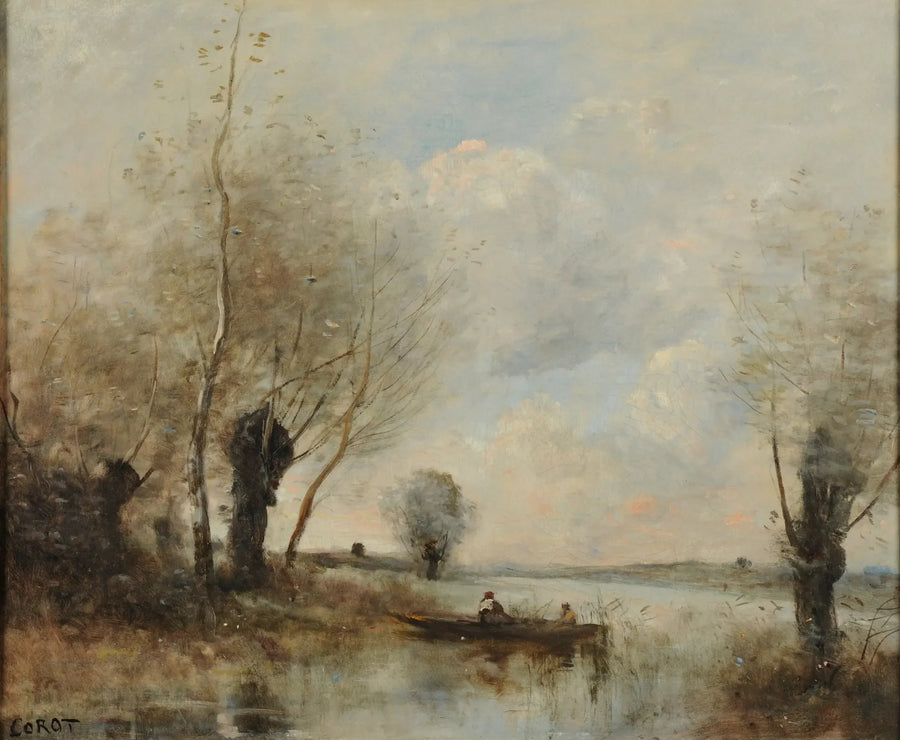 Fisket med båt vid pilträden - Jean-Baptiste Camille Corot