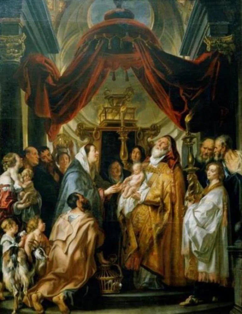 La présentation au temple ; Siméon, tenant l'Enfant-Jésus, chante son cantique : « Nunc dimittis » - Jacob Jordaens
