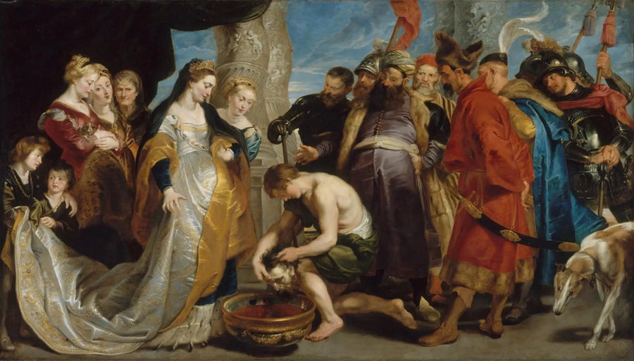 Drottning Thomyris doppar Cyrus huvud i en vas full av blod - Peter Paul Rubens