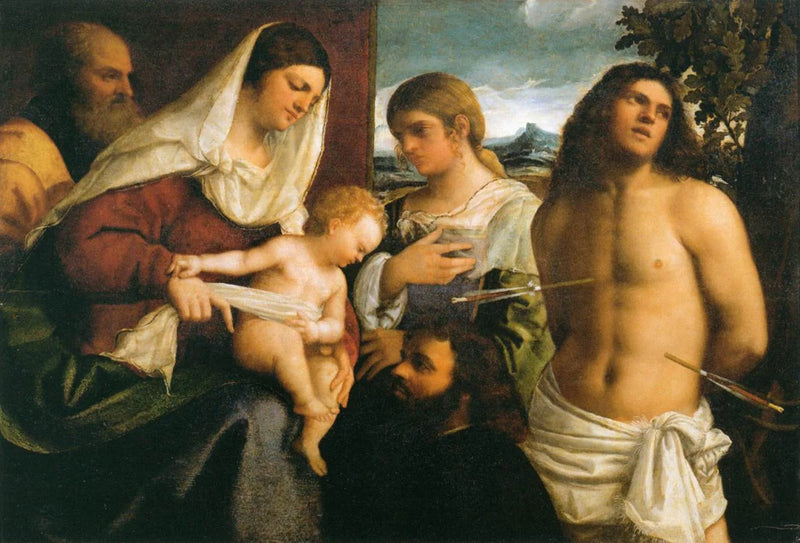 Den heliga familjen med heliga Katarina, helige Sebastian och en donator - Sebastiano del Piombo