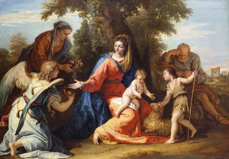 Den heliga familjen med heliga Elisabeth, helige Johannes Döparen och en ängel - Sebastiano Ricci