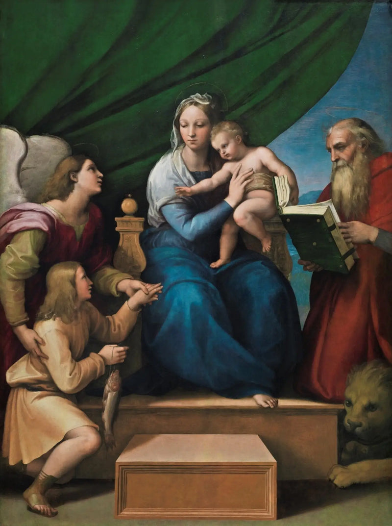 Den heliga familjen med Raphael, Tobias och helige Hieronymus - Raphael Sanzio