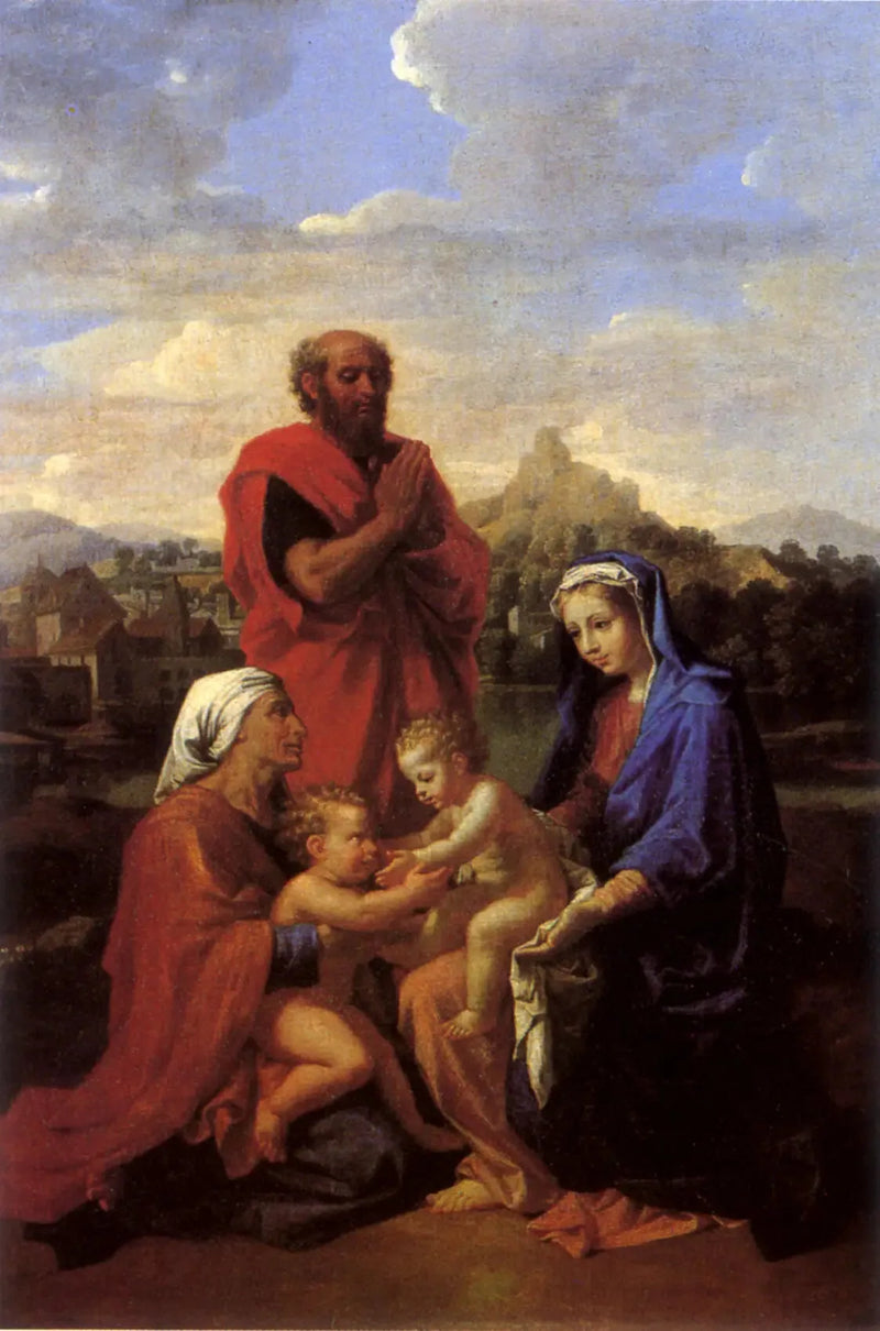 Den heliga familjen med helige Johannes, heliga Elisabeth och helige Josef som ber - Nicolas Poussin