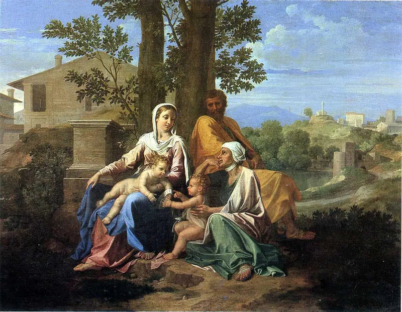 Den heliga familjen med helige Johannes och heliga Elisabeth i ett landskap - Nicolas Poussin