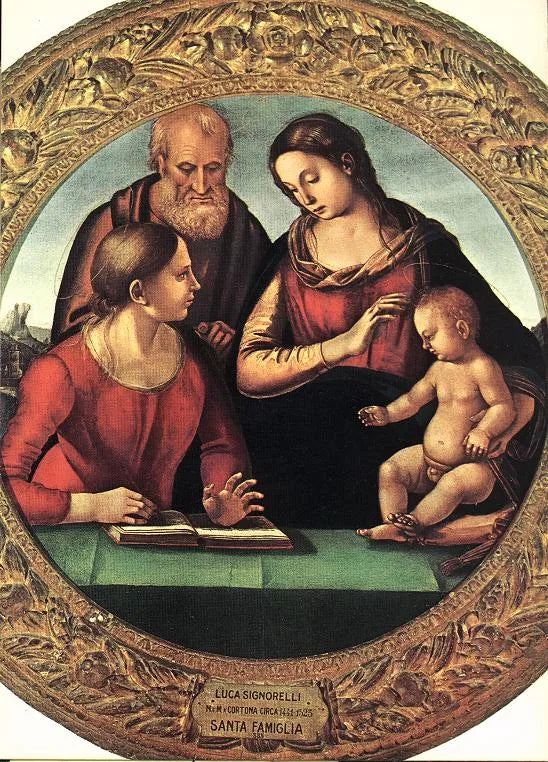 Den heliga familjen med helgon - Luca Signorelli