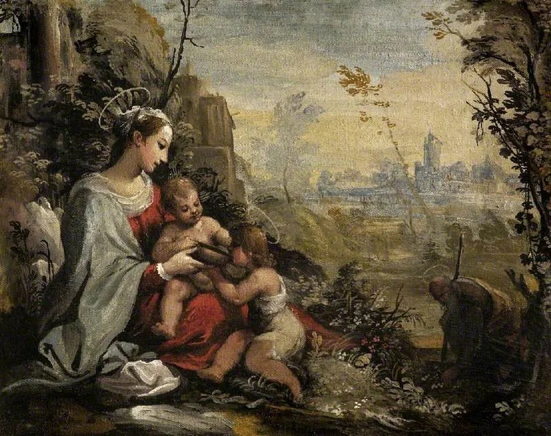 Den heliga familjen på flykt möter den unge helige Johannes - Guercino