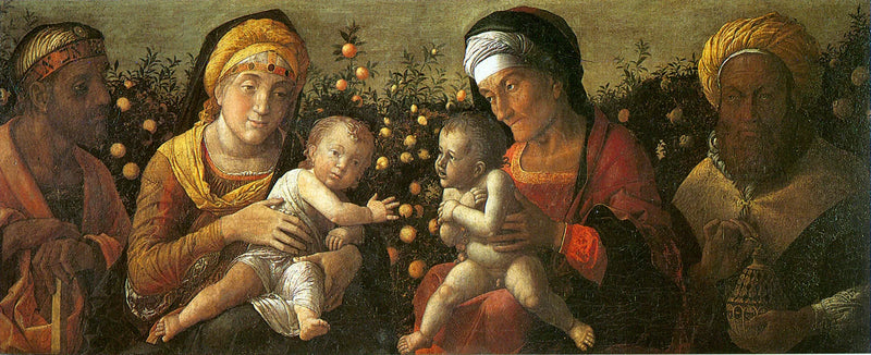 Den heliga familjen och helgonet Johannes Döparens familj - Andrea Mantegna