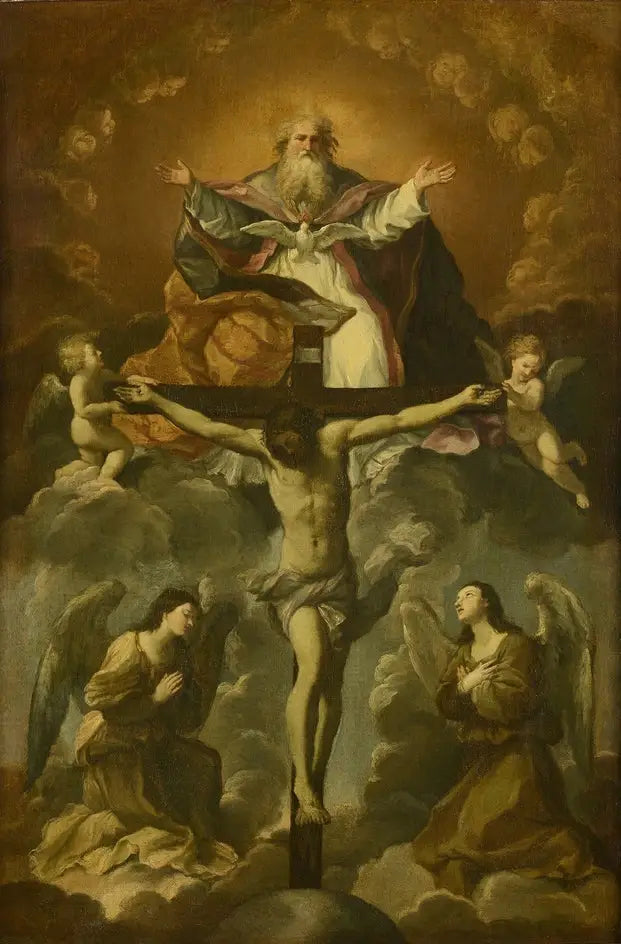 Den heliga treenigheten dyrkad av änglar - Guido Reni