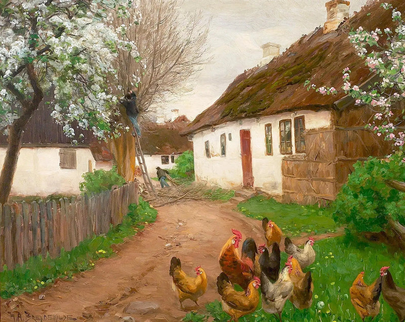 Livet i byn en vårdag med människor och träd. - H. A. Brendekilde
