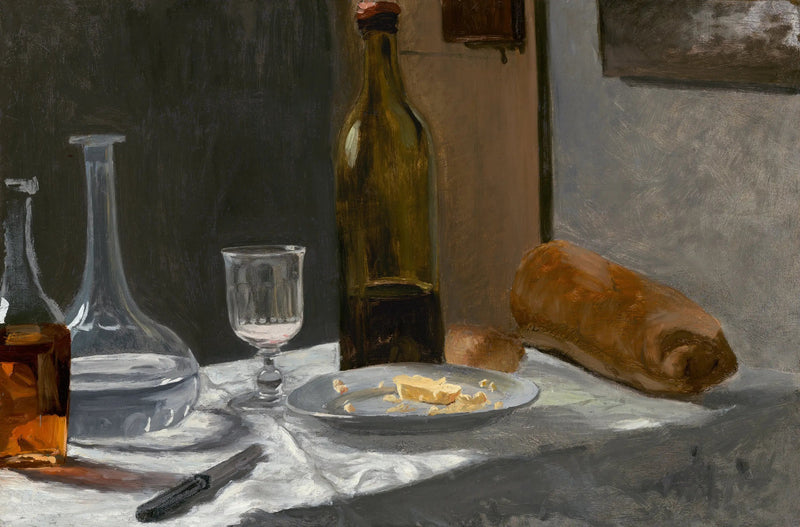Stilleben med flaska, karaff, bröd och vin - Claude Monet