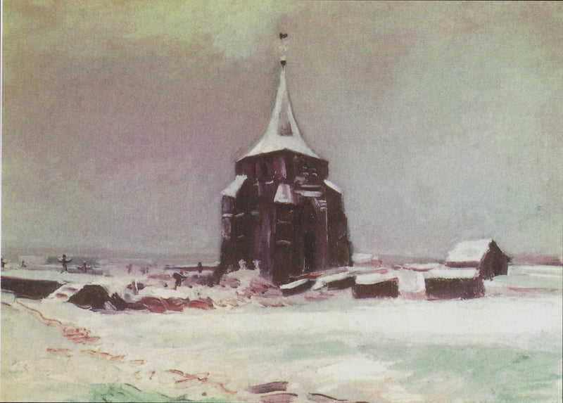 Den gamla kyrktornet på kyrkogården i Nuenen under snön - Vincent van Gogh