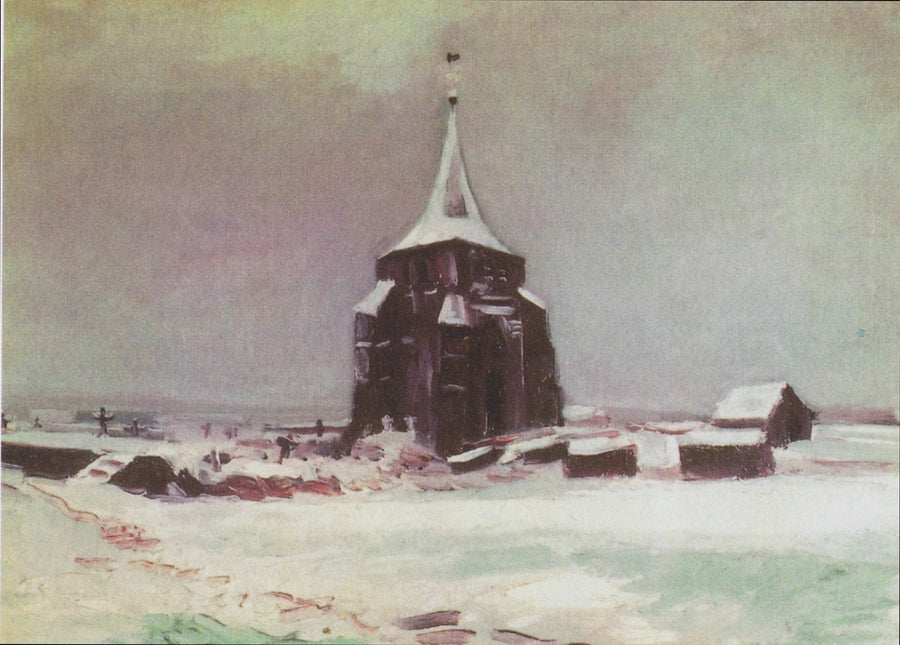 Den gamla kyrktornet på kyrkogården i Nuenen under snön - Vincent van Gogh
