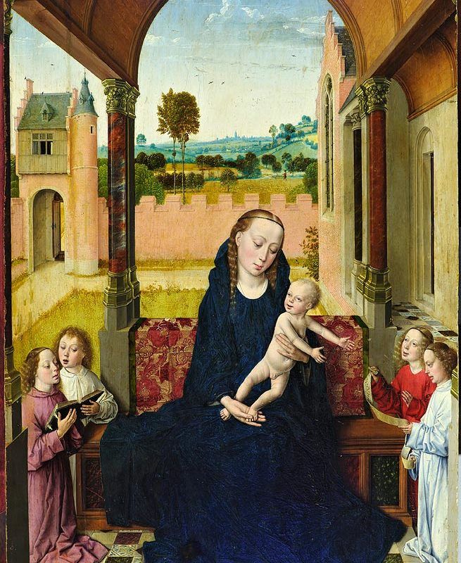 Madonna med barnet och änglar i en loggia - Dirk Bouts