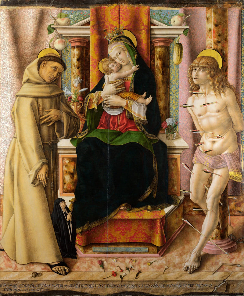 Madonna med barnet och helgonen Franciskus och Sebastians - Carlo Crivelli