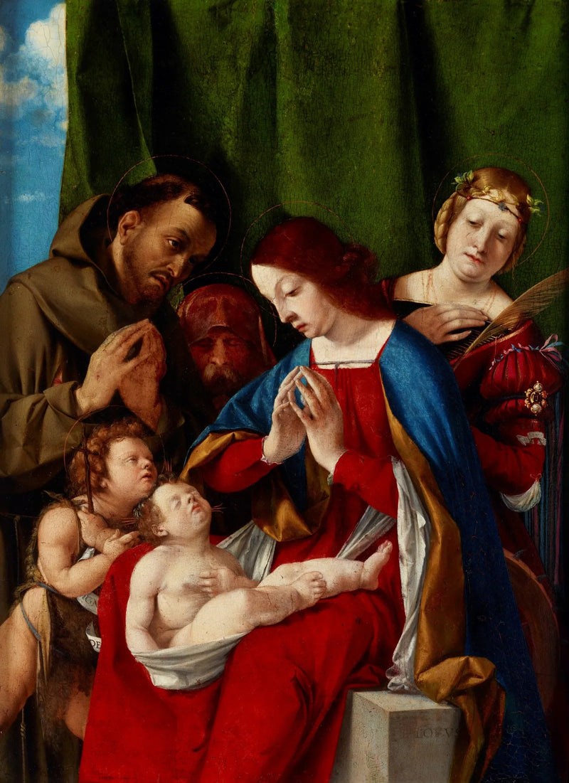 Madonna med barnet och helgonen Johannes Döparen, Franciskus av Assisi, Josef (?) och Katarina av Alexandria - Lorenzo Lotto