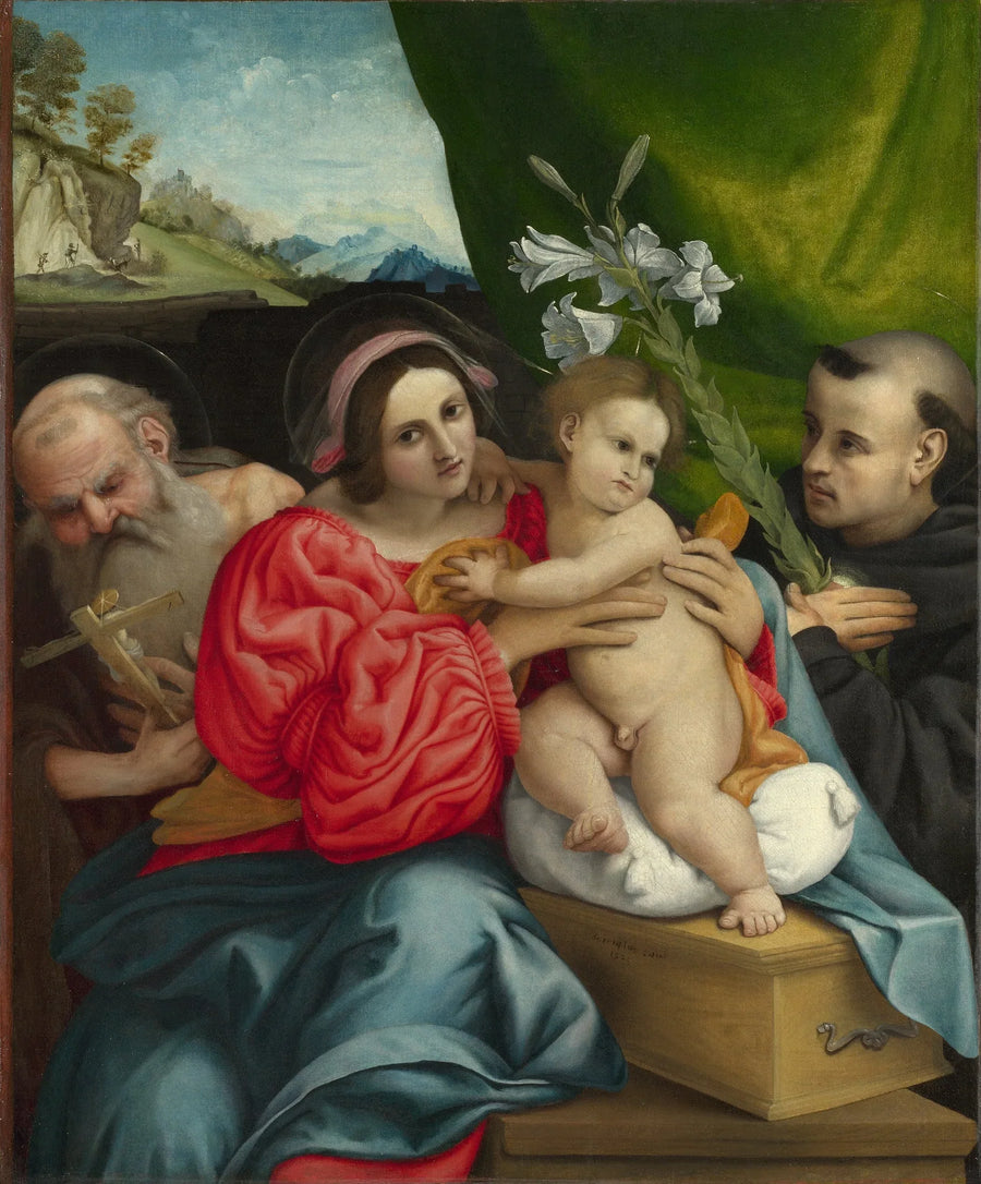 Madonna med barnet och helgonen Jerome och Nikolaus av Tolentino - Lorenzo Lotto