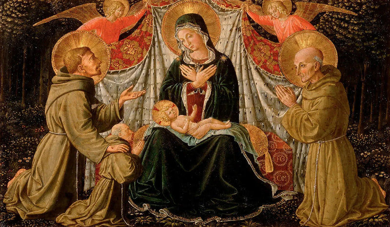 Madonna med barnet, helgon Franciskus och donatorn Fader Jacopo da Montefalco (till vänster) och helgon Bernhard av Siena (till höger) - Benozzo Gozzoli
