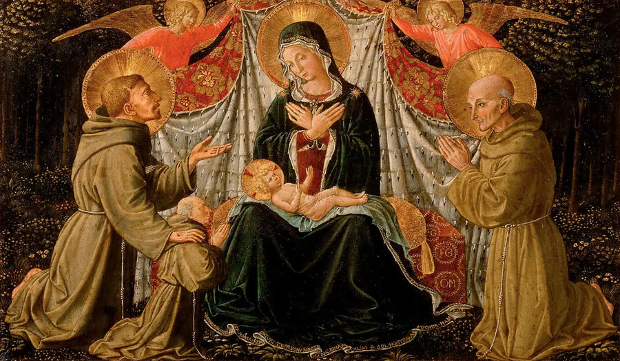 Madonna med barnet, helgon Franciskus och donatorn Fader Jacopo da Montefalco (till vänster) och helgon Bernhard av Siena (till höger) - Benozzo Gozzoli