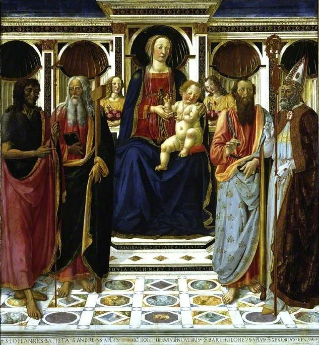 Madonna med barnet tillsammans med heliga Johannes Döparen, heliga André Barthélemy och heliga Zénobe - Cosimo Rosselli