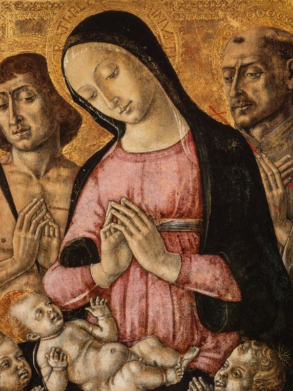 Madonna med barnet tillsammans med helgonet Sebastian, helgonet Franciskus och änglar - Matteo di Giovanni