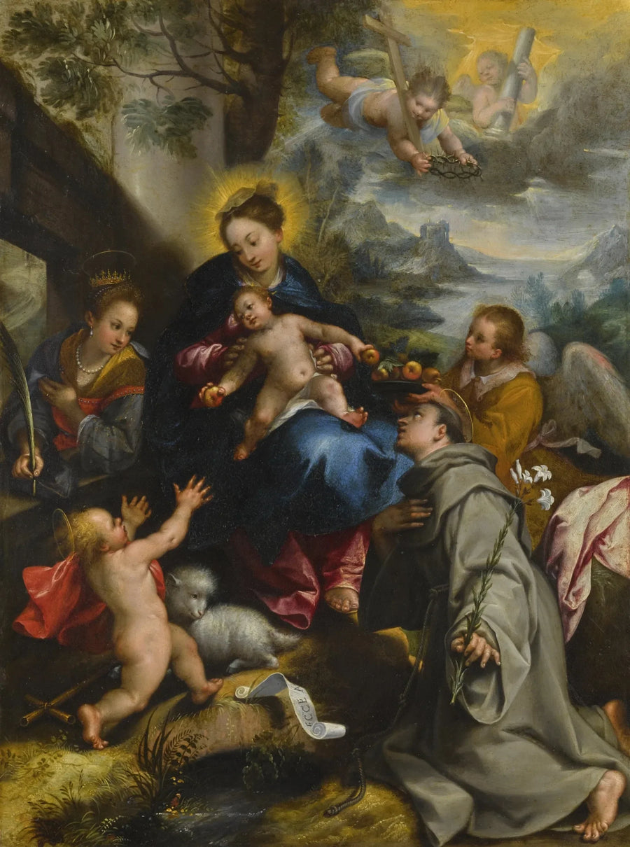 Madonna med barnet med heliga Katarina, helige Dominikus och den lilla helige Johannes Döparen, ett landskap i bakgrunden - Denis Calvaert