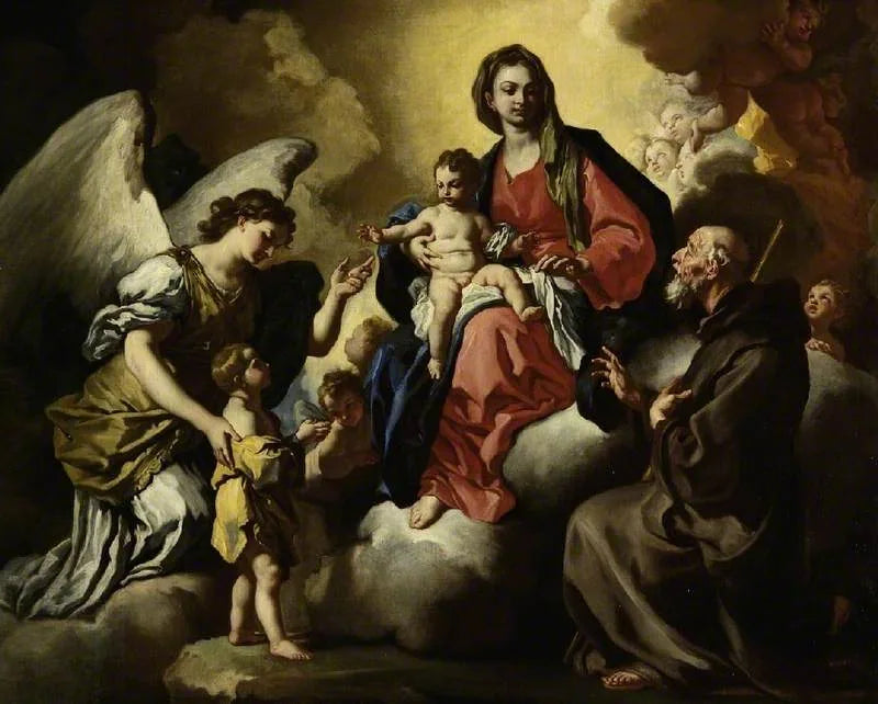 Madonna med barnet, med en pojke presenterad av sin skyddsängel, och S. Francesco Di Paola - Francesco Solimena