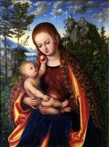 Madonna med barnet i ett magnifikt landskap - Lucas Cranach den äldre