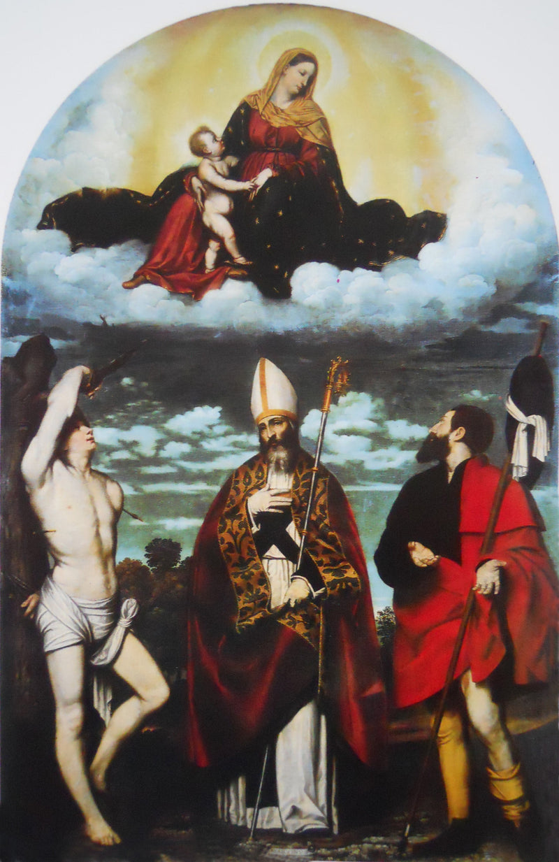 Madonna med barnet i gloria med helgonen Roch, Martin och Sebastians - Alessandro Bonvicino