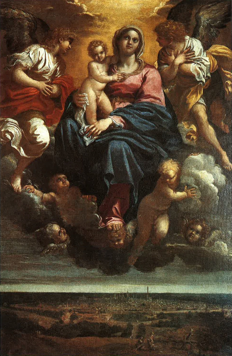 Madonna med barnet i gloria över staden Bologna - Annibale Carracci