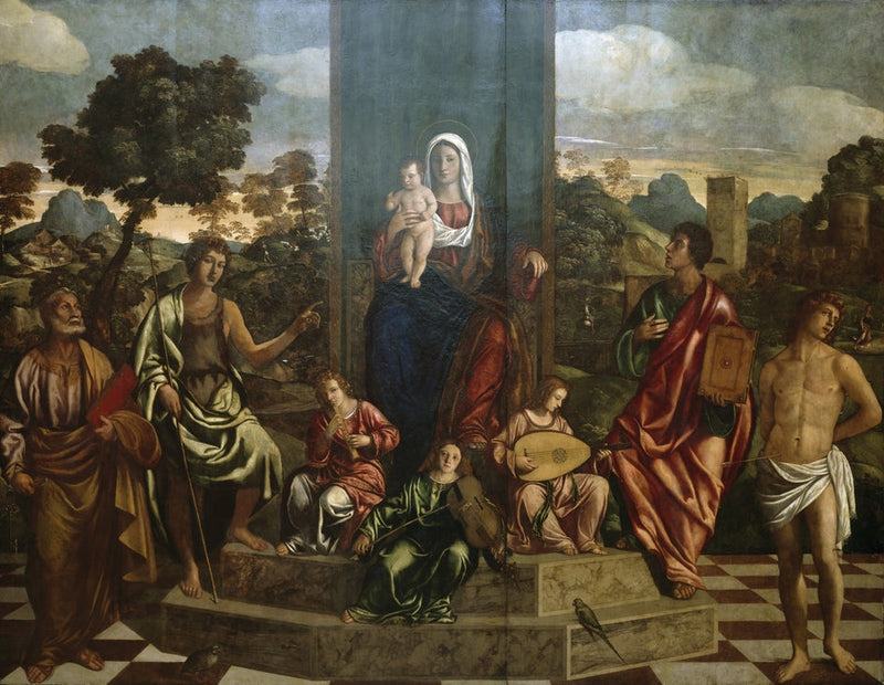 Madonna med barnet i majestät med helgonen Petrus, Johannes Döparen, Johannes evangelisten, Sebastian och tre musikeränglar - Giovanni Bellini