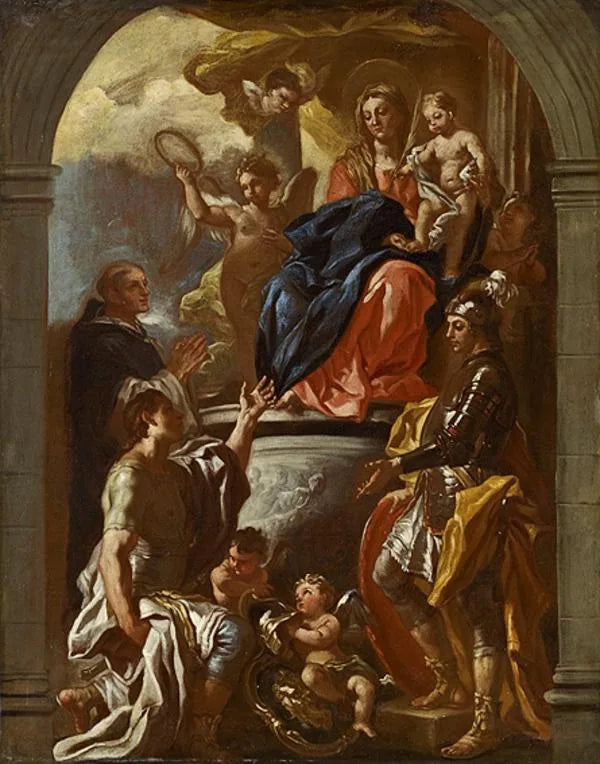 Madonna med barnet på tron med helgonet Petrus martyr och två heliga krigare - Francesco Solimena