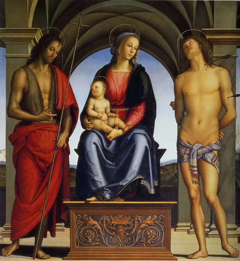 Madonna med barnet mellan helgonen Johannes Döparen och Sebastian - Pietro Perugino