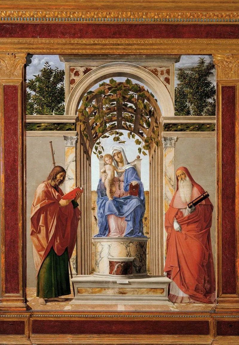 Madonna med barnet, mellan helgon Jerome och helgon Jakob aposteln. - Cima da Conegliano