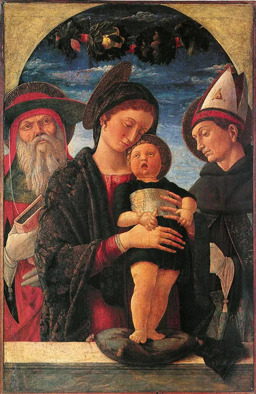 Madonna med barnet mellan helgon Jerome och helgon Ludvig av Toulouse - Andrea Mantegna