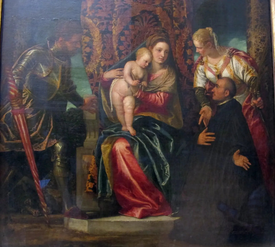 Madonna med barnet mellan heliga Justina och helige Georg, med en knäböjande benediktinermunk - Paul Véronèse