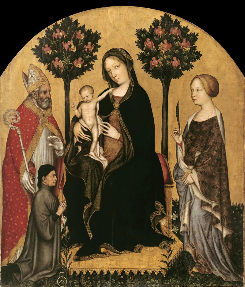 Madonna med barnet och heliga Katarina, Sankt Nikolaus och donatorn - Gentile da Fabriano