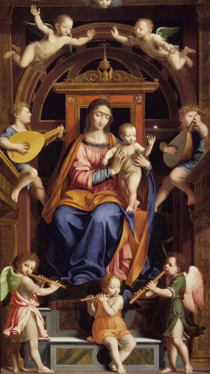 Madonna med barnet sittande på tron med änglar - Bernardino Luini