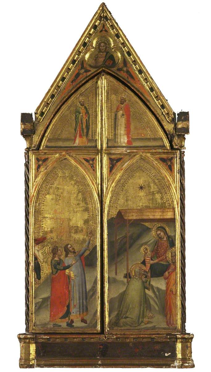 Madonna med barnet som tronar med helgon (stängt triptyk) - Bernardo Daddi