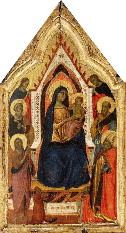 Madonna med barnet sittande på tron, flankerad av helgonen Johannes Döparen, Petrus, Paulus och Zénobe (?) samt två änglar, under dem två donatorer - Taddeo Gaddi