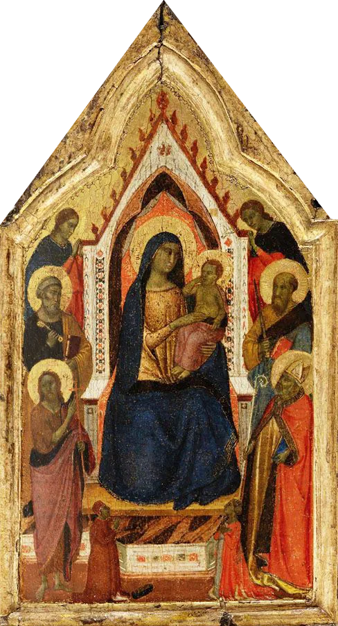 Madonna med barnet sittande på tron, flankerad av helgonen Johannes Döparen, Petrus, Paulus och Zénobe (?) samt två änglar, under dem två donatorer - Taddeo Gaddi