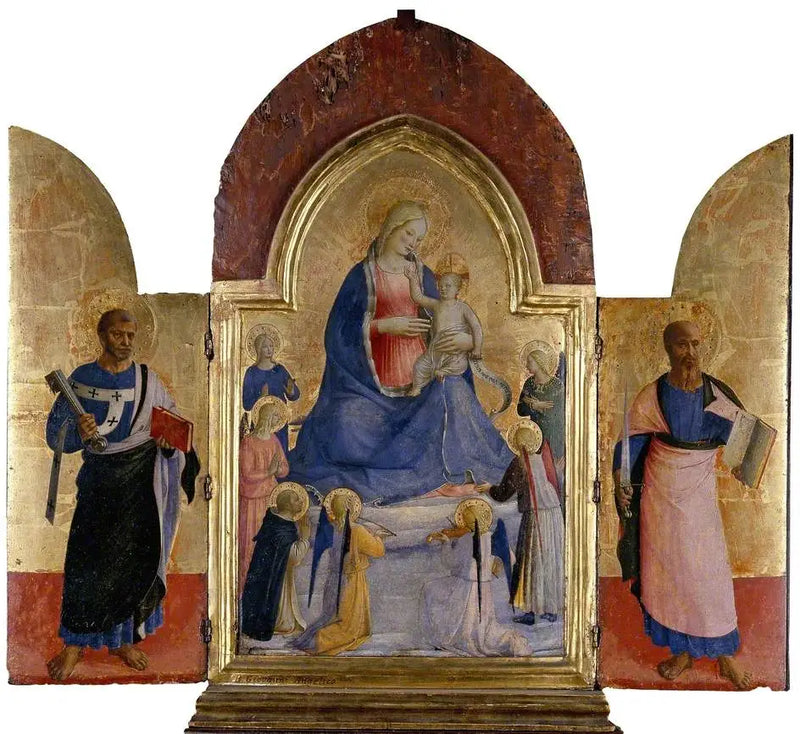 Jungfrun och barnet med änglar och en dominikansk helgon (i mitten); helgon Petrus (till vänster); helgon Paulus (till höger) - Fra Angelico