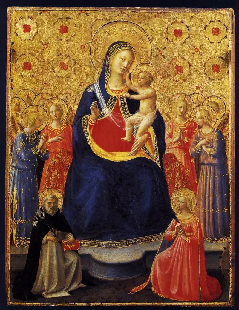 Madonnan med barnet på tron med nio änglar och helgonen Dominikus och Katarina av Alexandria - Fra Angelico