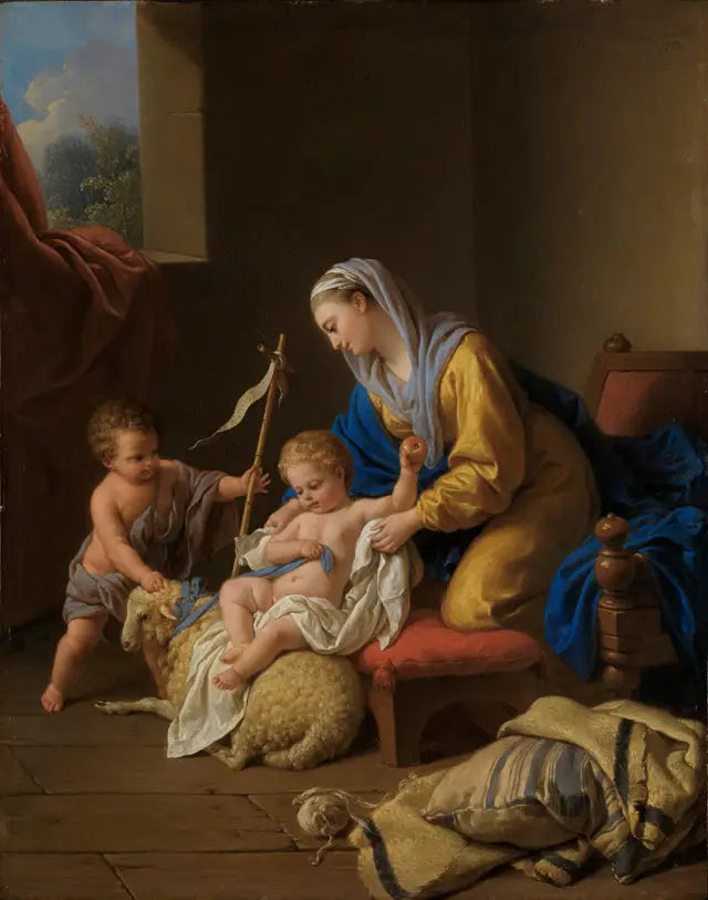 Madonna underhåller den lille Jesusbarnet, den lille helige Johannes med ett får - Louis Jean François Lagrenée