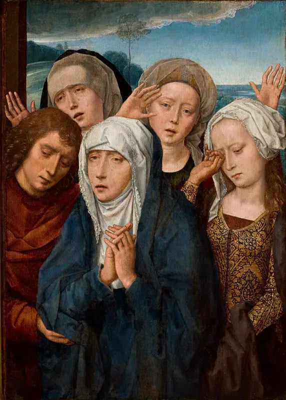Den sörjande jungfrun med helige Johannes och de fromma kvinnorna från Galileen - Hans Memling