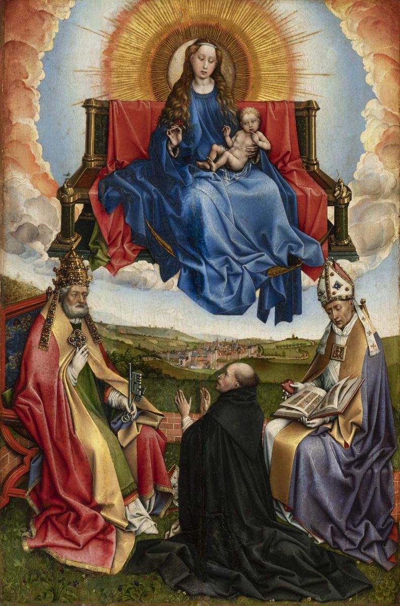 Madonna i härlighet mellan heliga Petrus och heliga Augustinus vördad av en donator - Robert Campin