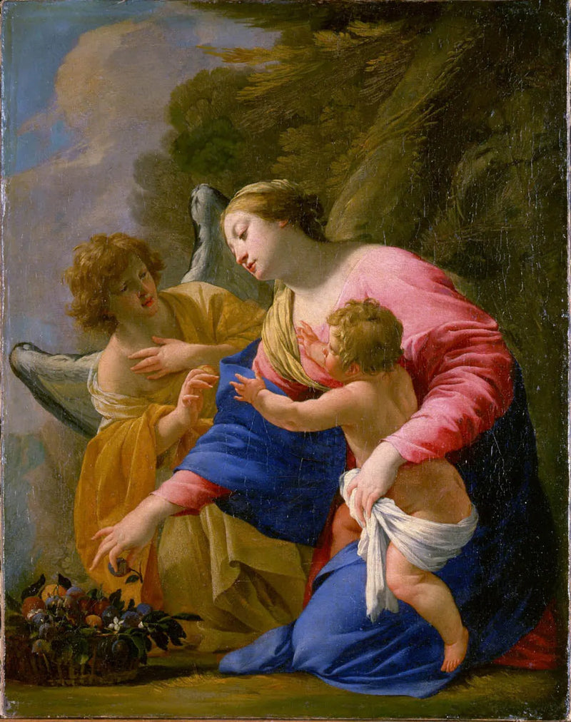 Madonna och barnet med fruktkorg och ängel i landskap - Simon Vouet