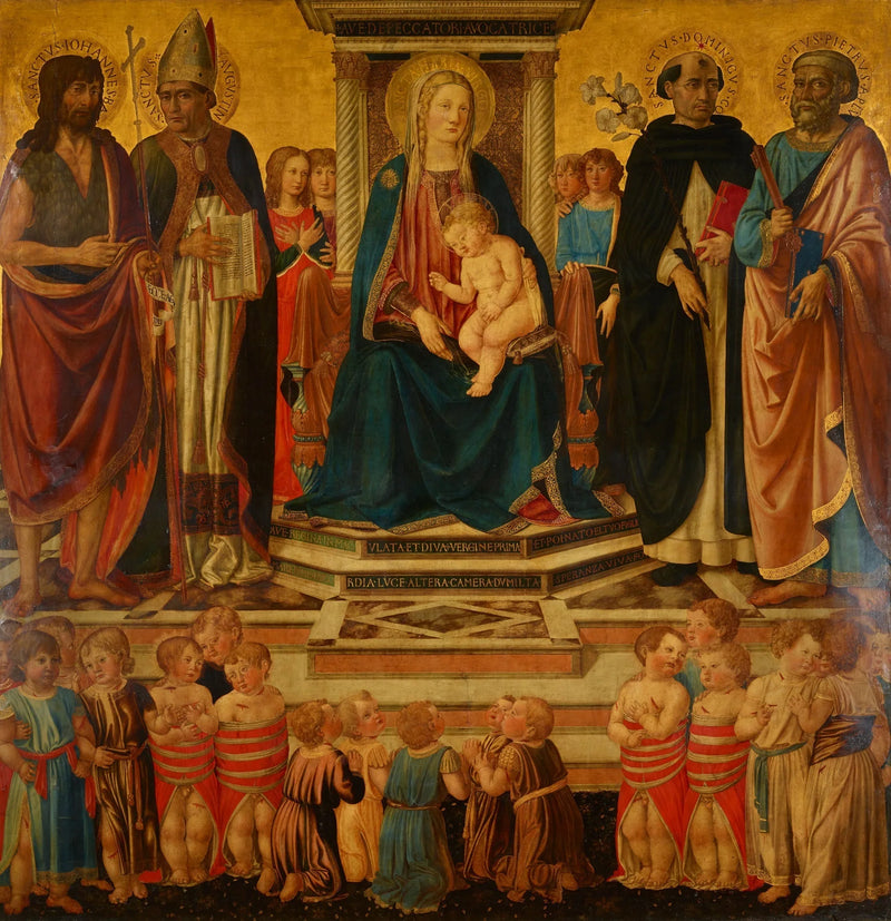 Madonna och barn som välsignar, sittande på tron med helgonen Johannes, Augustinus, Dominikus, Petrus och offren för barnamassakern i Bethémit - Cosimo Rosselli