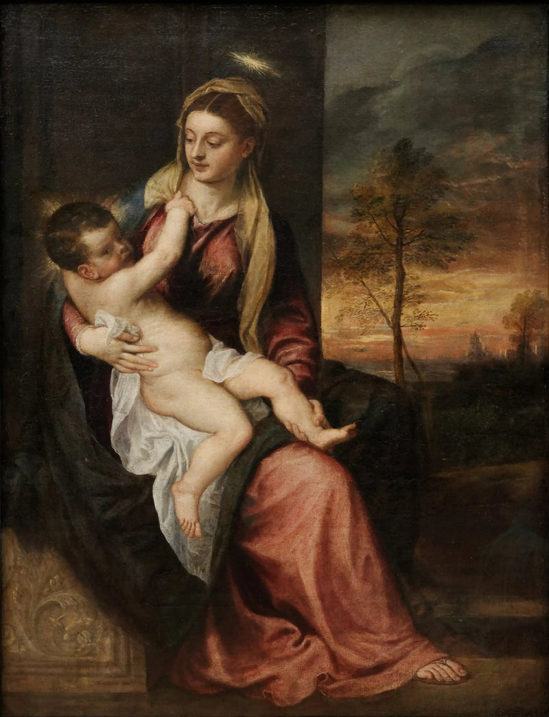 Jungfrun och barnet i ett kvällslandskap - Titian